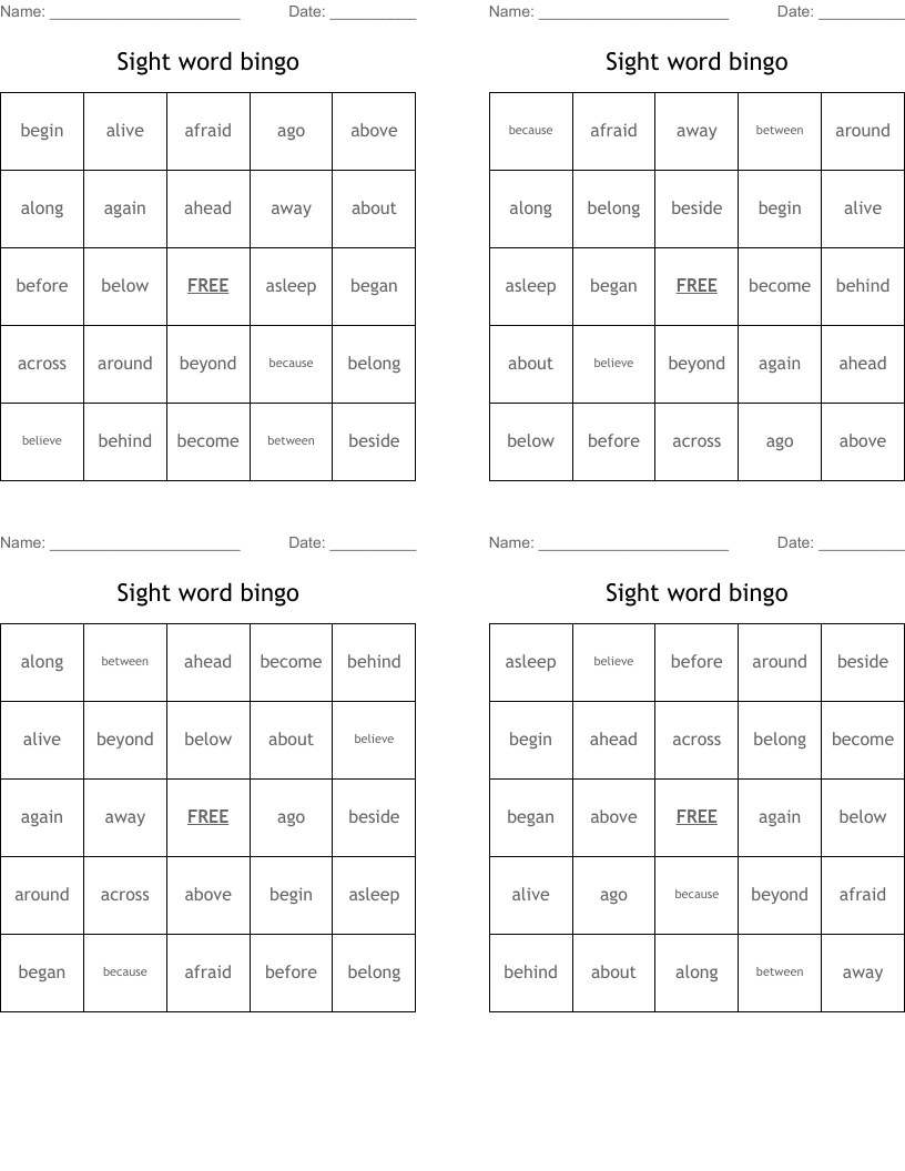 Sight word bingo