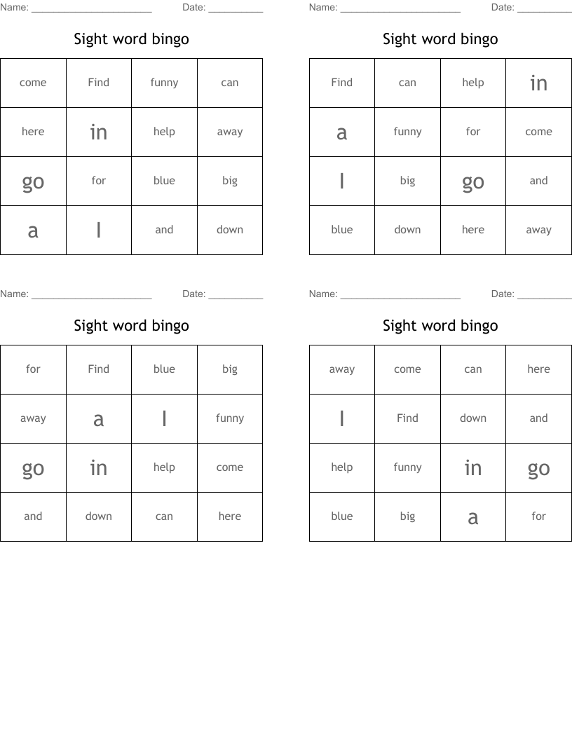 Sight word bingo