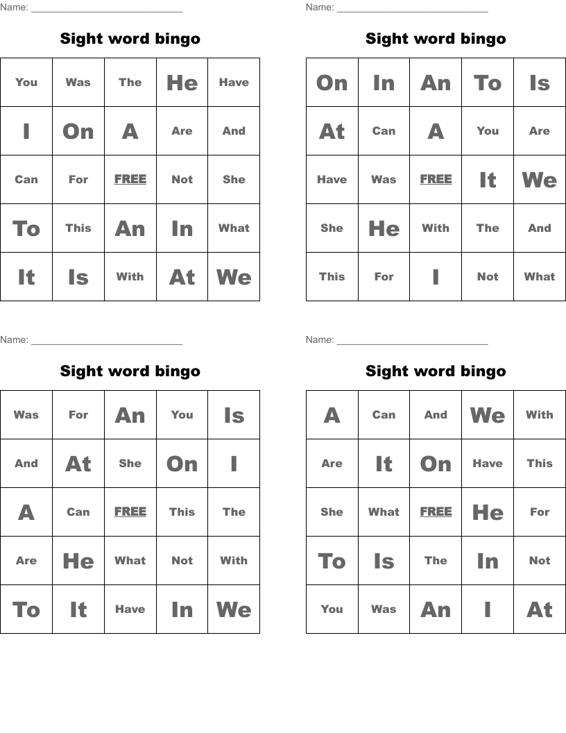 Sight word bingo