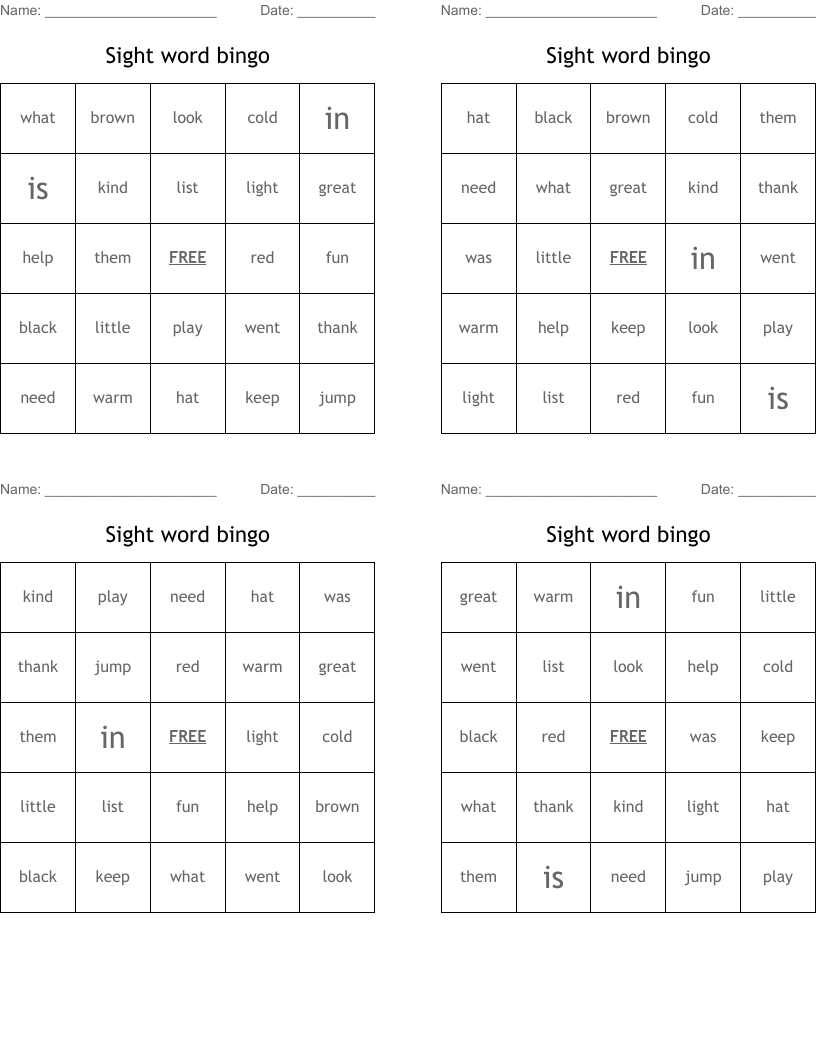 Sight word bingo