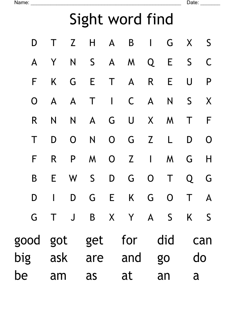 Sight word find Word Search