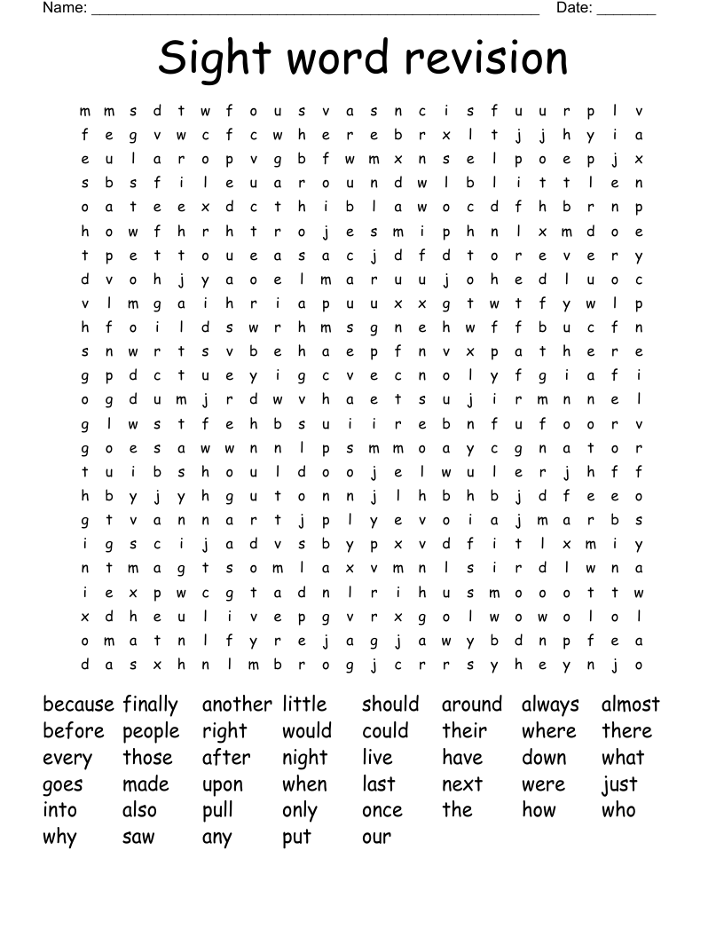Sight word revision Word Search