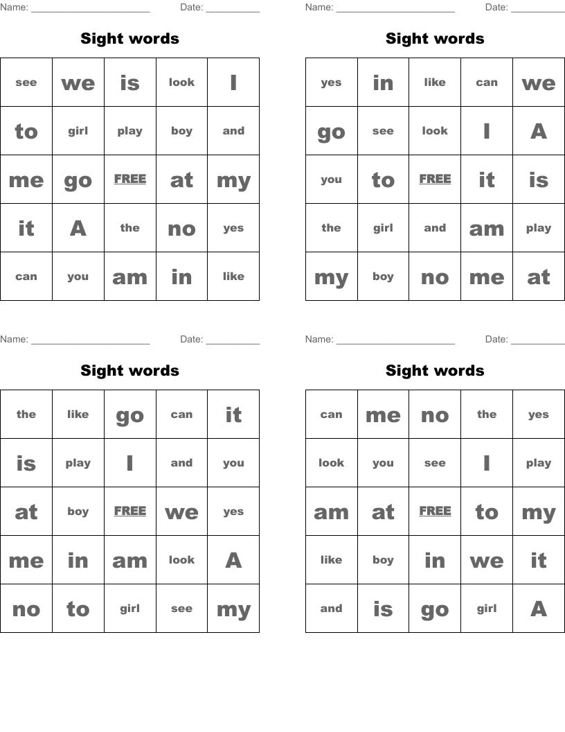 Sight words Bingo Cards