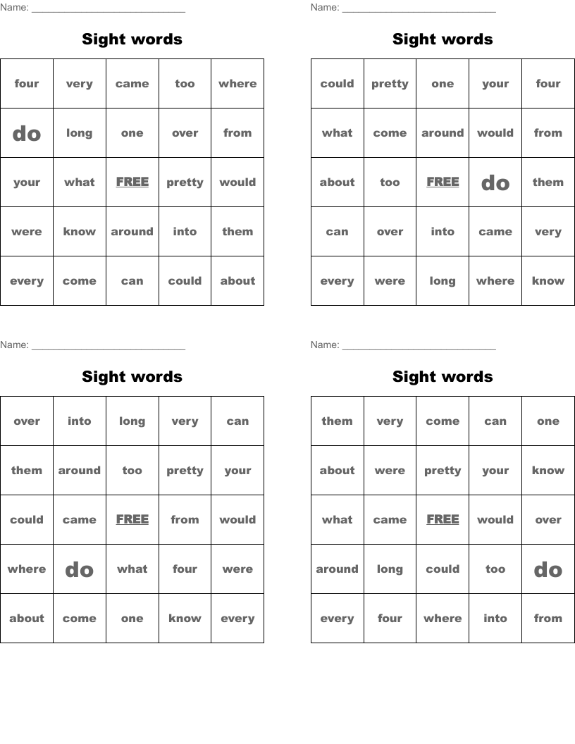 Sight words Bingo Cards