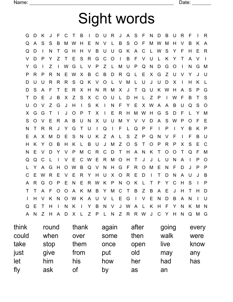 Sight words Word Search