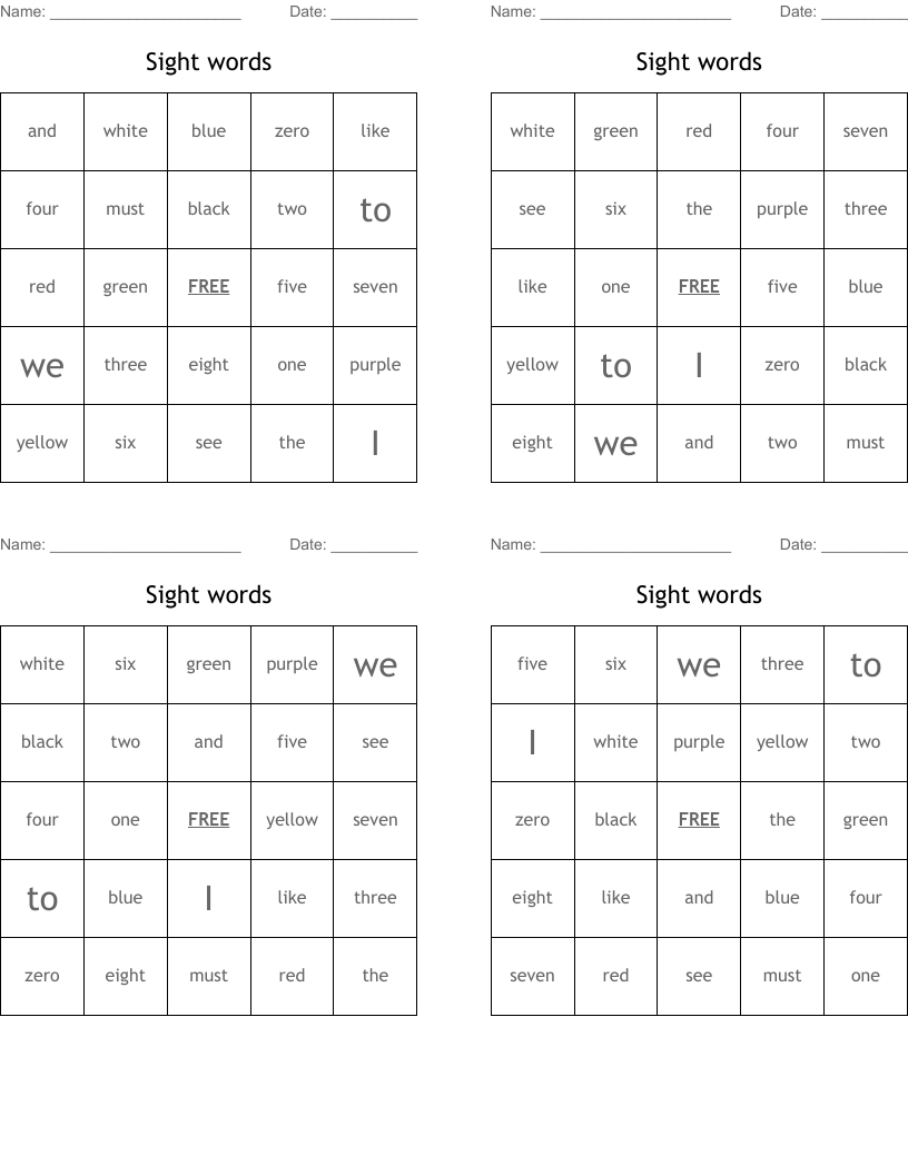 Sight words Bingo Cards