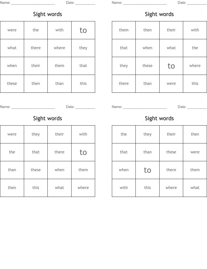 Sight words Bingo Cards