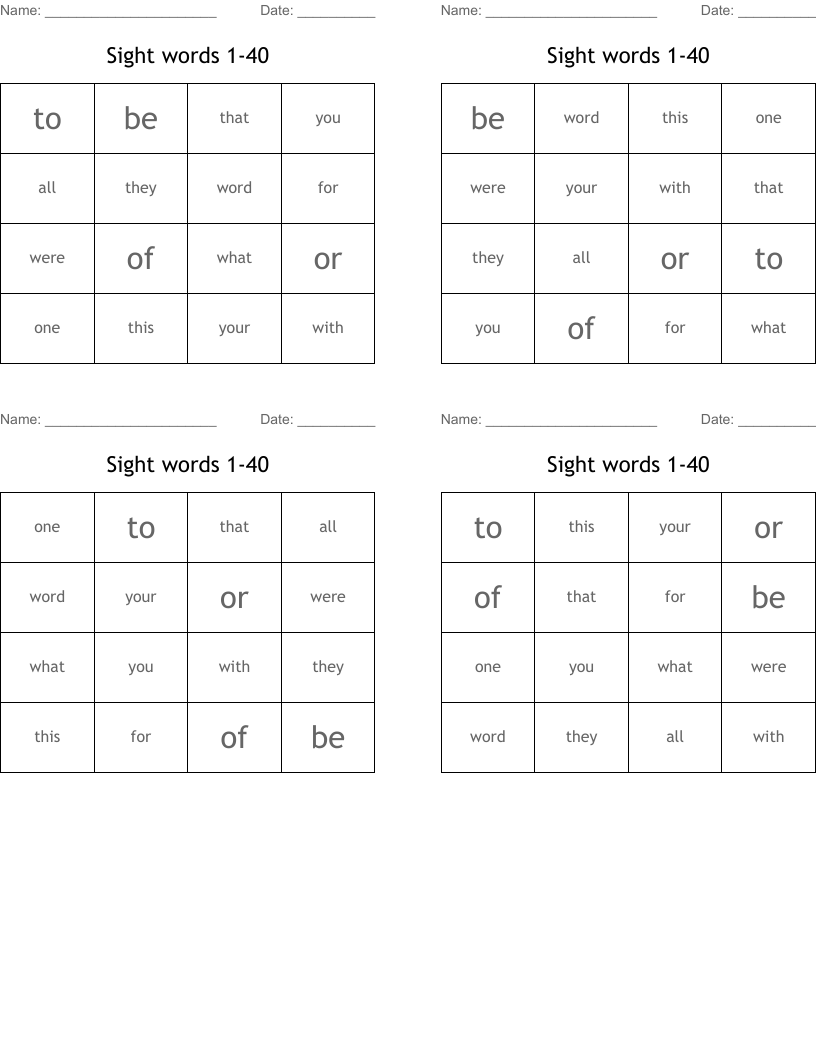 Sight words 1-40 Bingo Cards