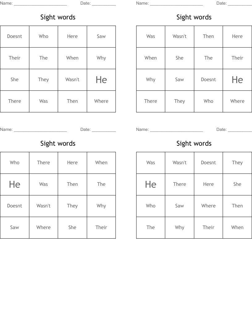 Sight words Bingo Cards