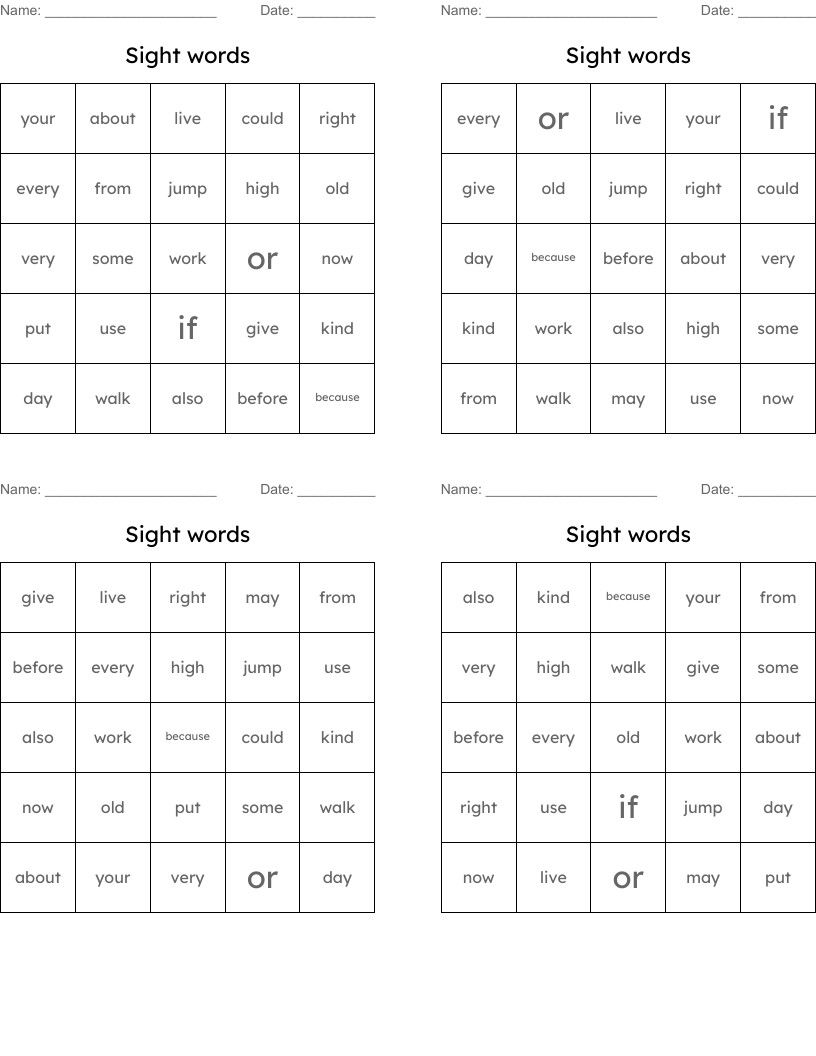 Sight words Bingo Cards