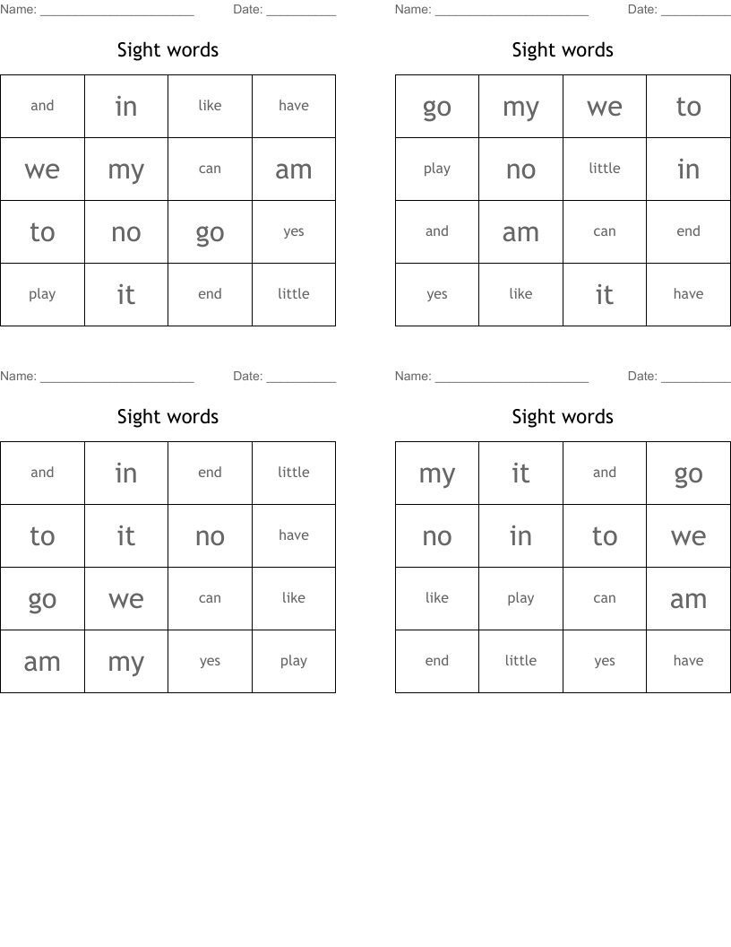 Sight words Bingo Cards