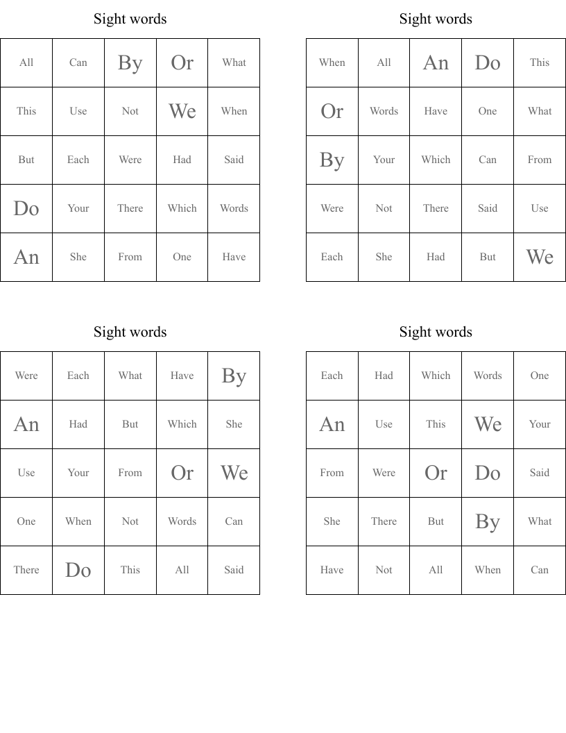 Sight words Bingo Cards