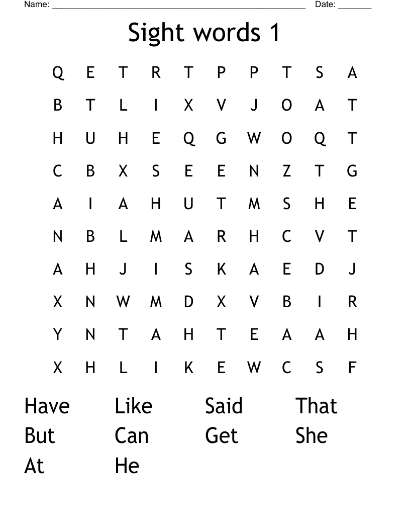 Sight words 1 Word Search
