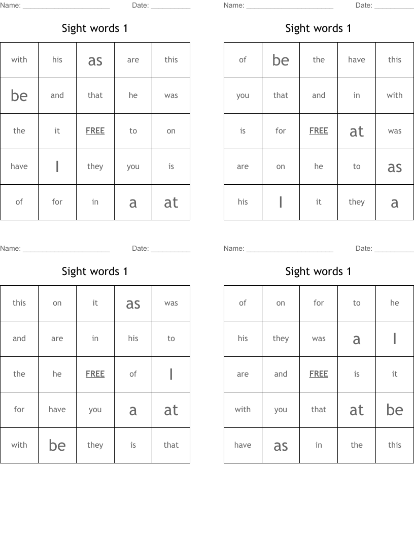 Sight words 1 Bingo Cards