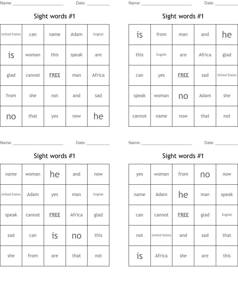 Sight words #1  Bingo Cards