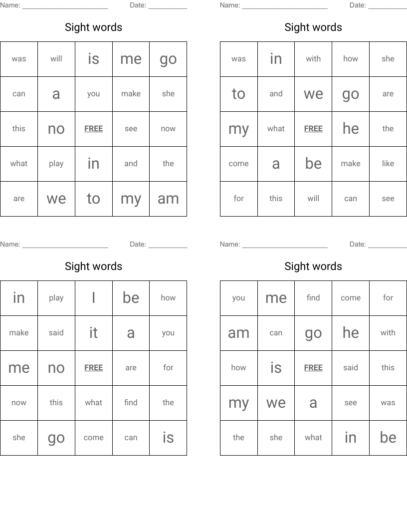 Sight words Bingo Cards