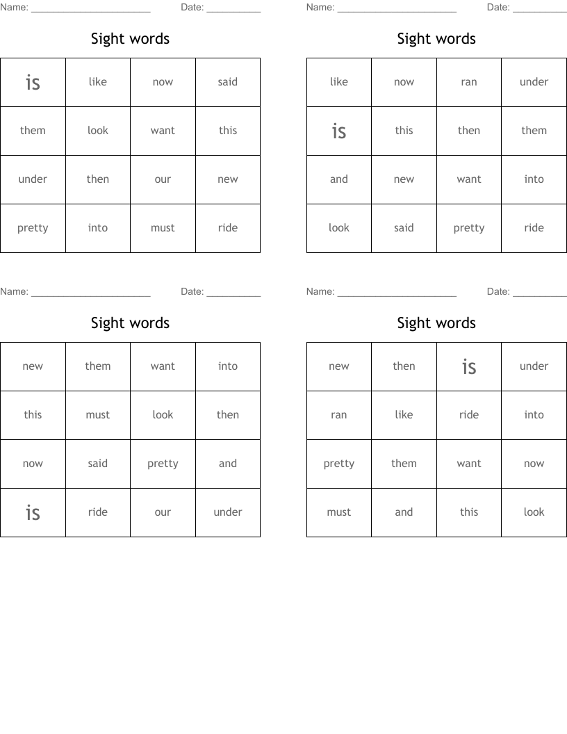 Sight words Bingo Cards