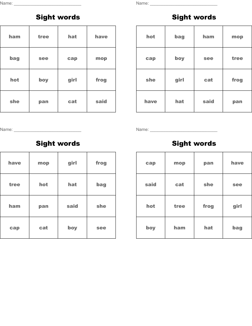 Sight words Bingo Cards