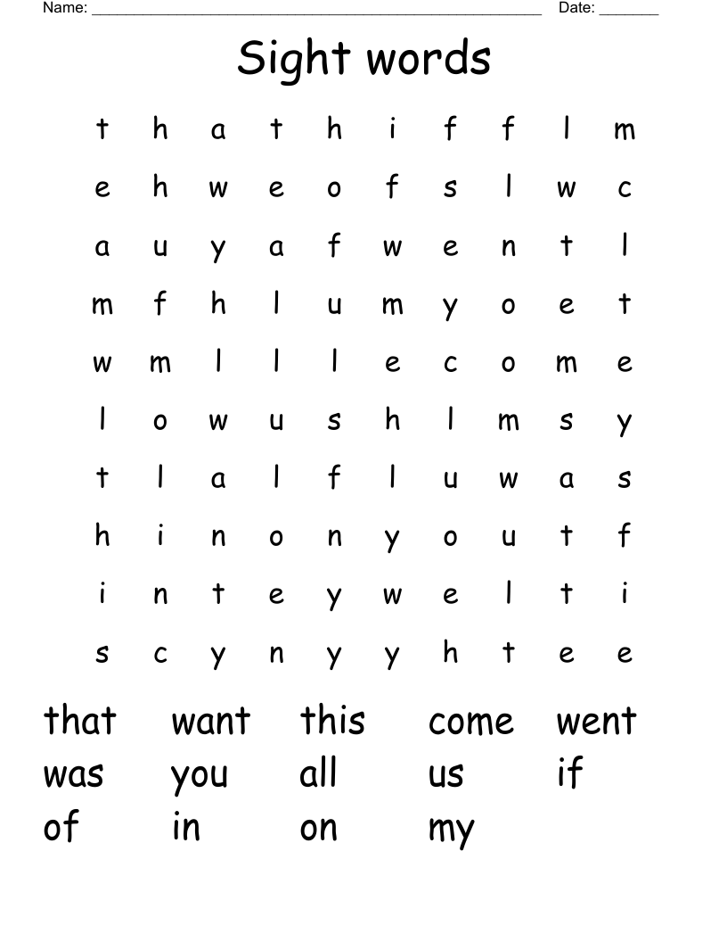 Sight words Word Search