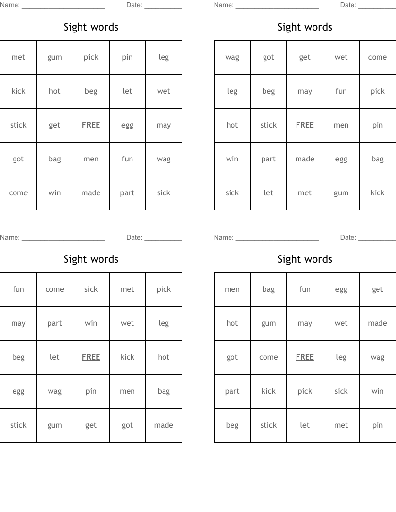 Sight words Bingo Cards