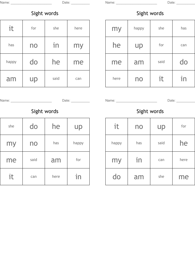 Sight words Bingo Cards