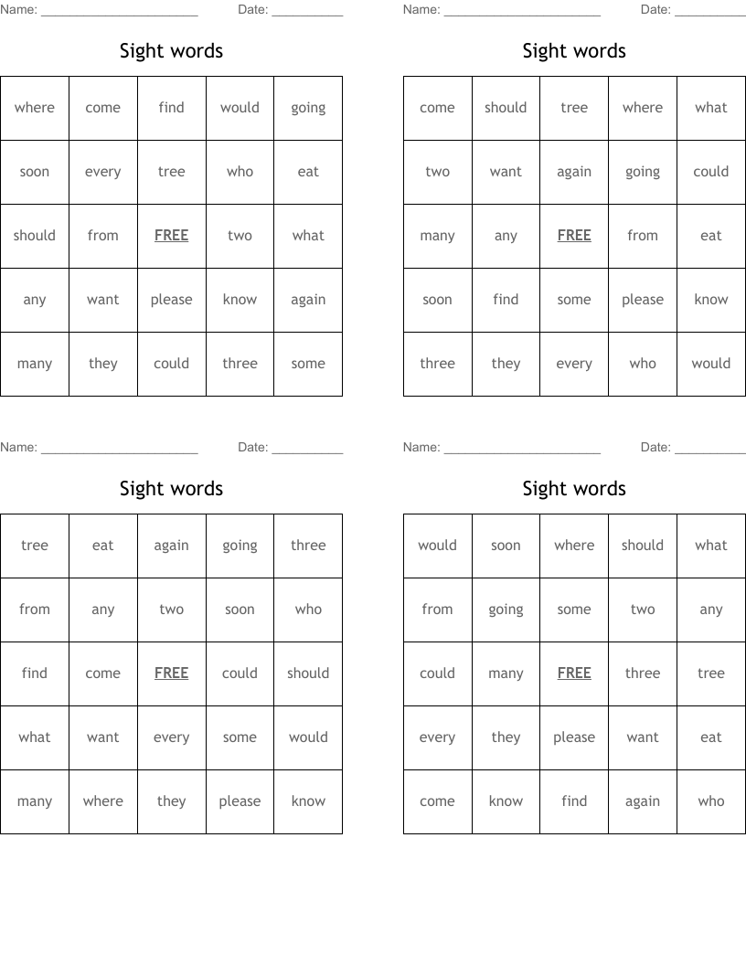 Sight words Bingo Cards