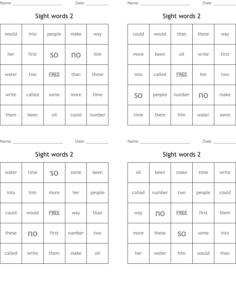 Sight words 2 Bingo Cards