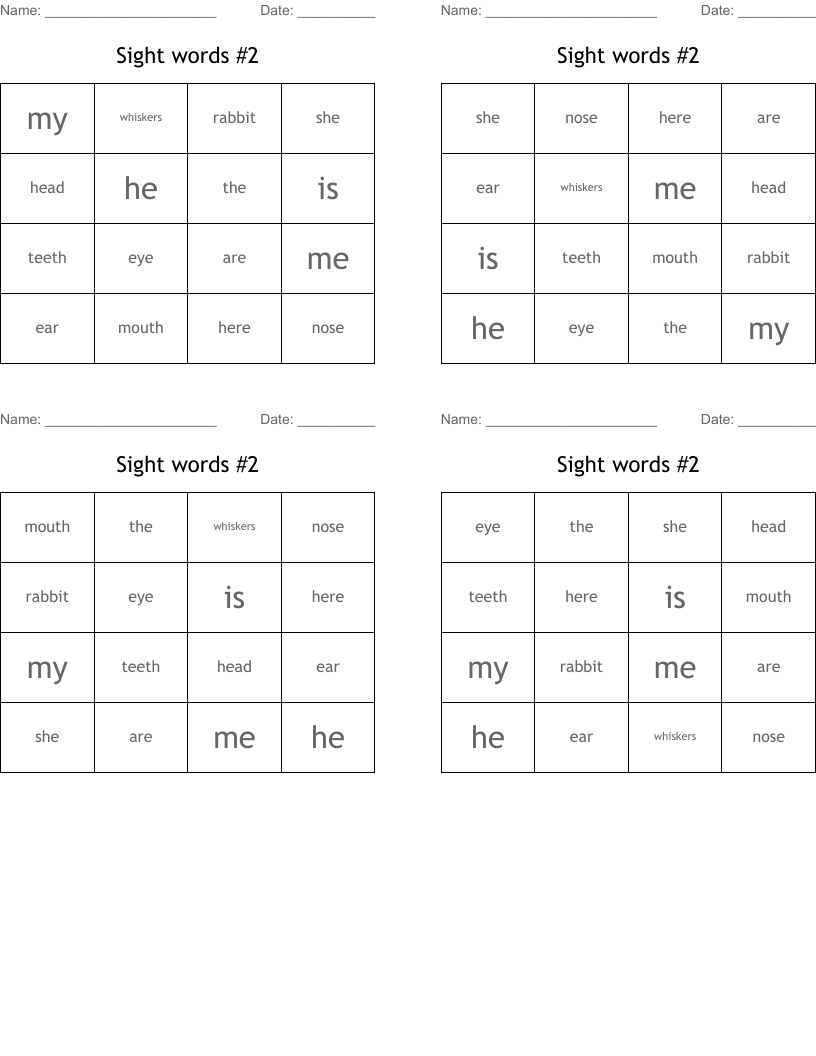 Sight words #2 Bingo Cards