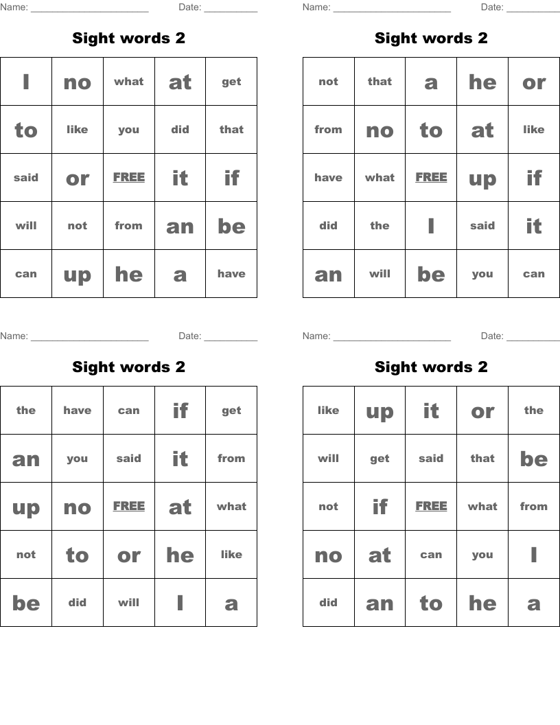 Sight words 2 Bingo Cards