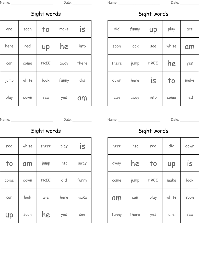 Sight words Bingo Cards
