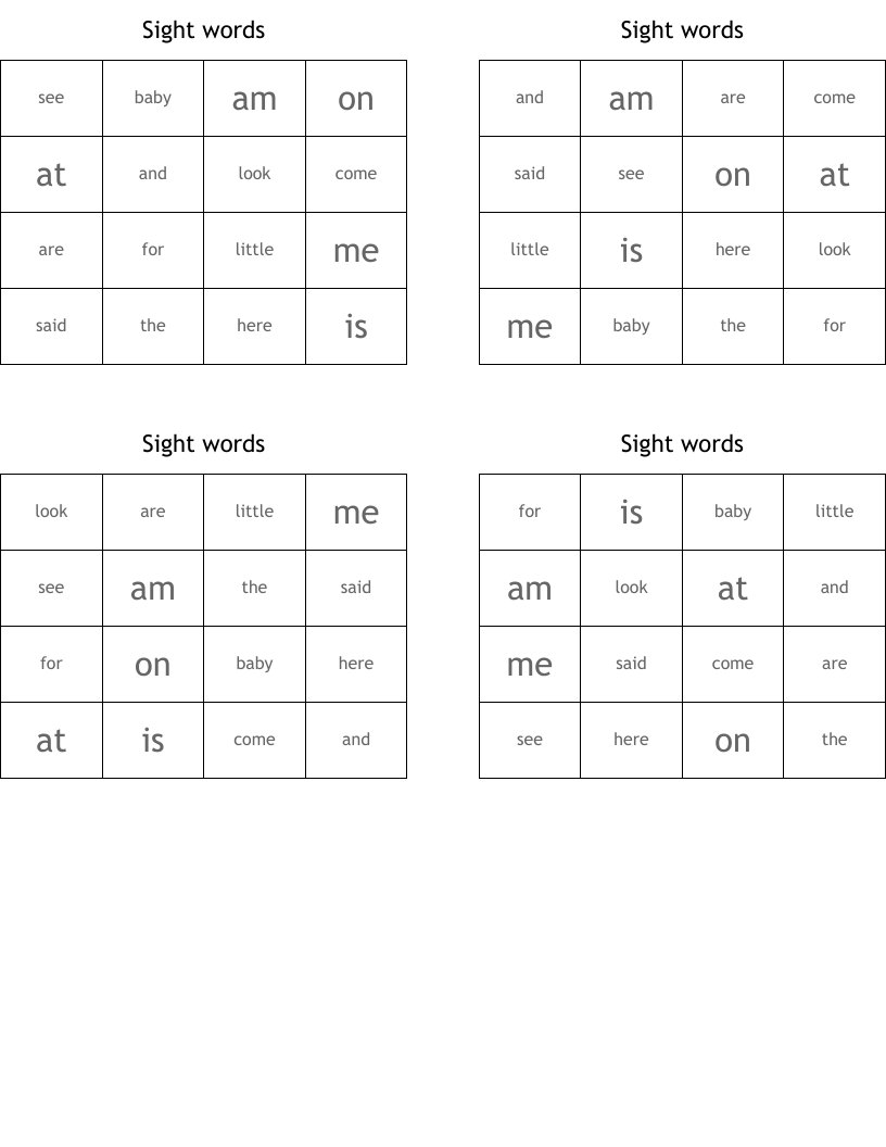 Sight words Bingo Cards