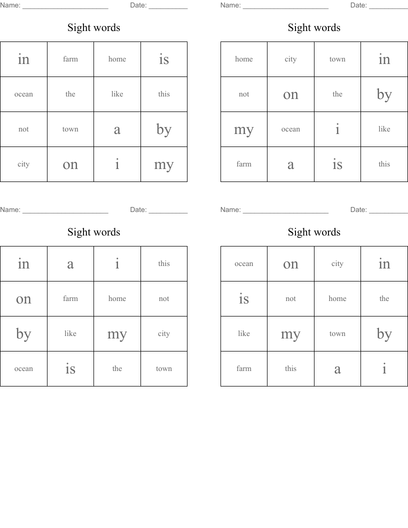 Sight words Bingo Cards