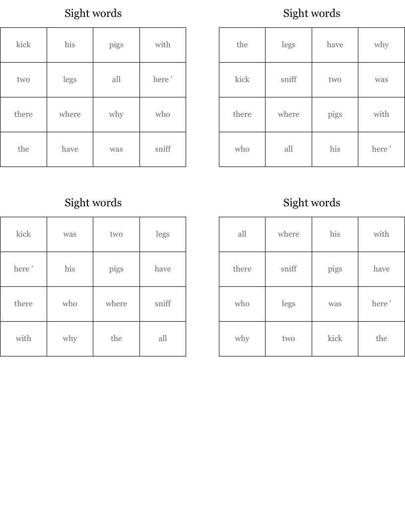 Sight words Bingo Cards