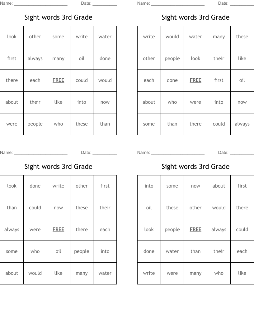 Sight words 3rd Grade Bingo Cards
