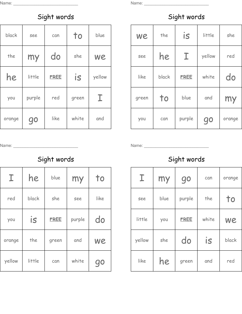 Sight words Bingo Cards