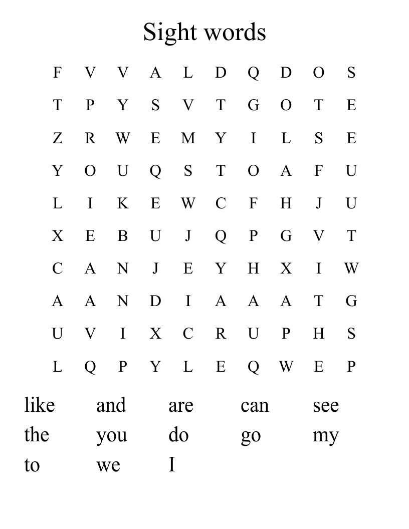 Sight words Word Search