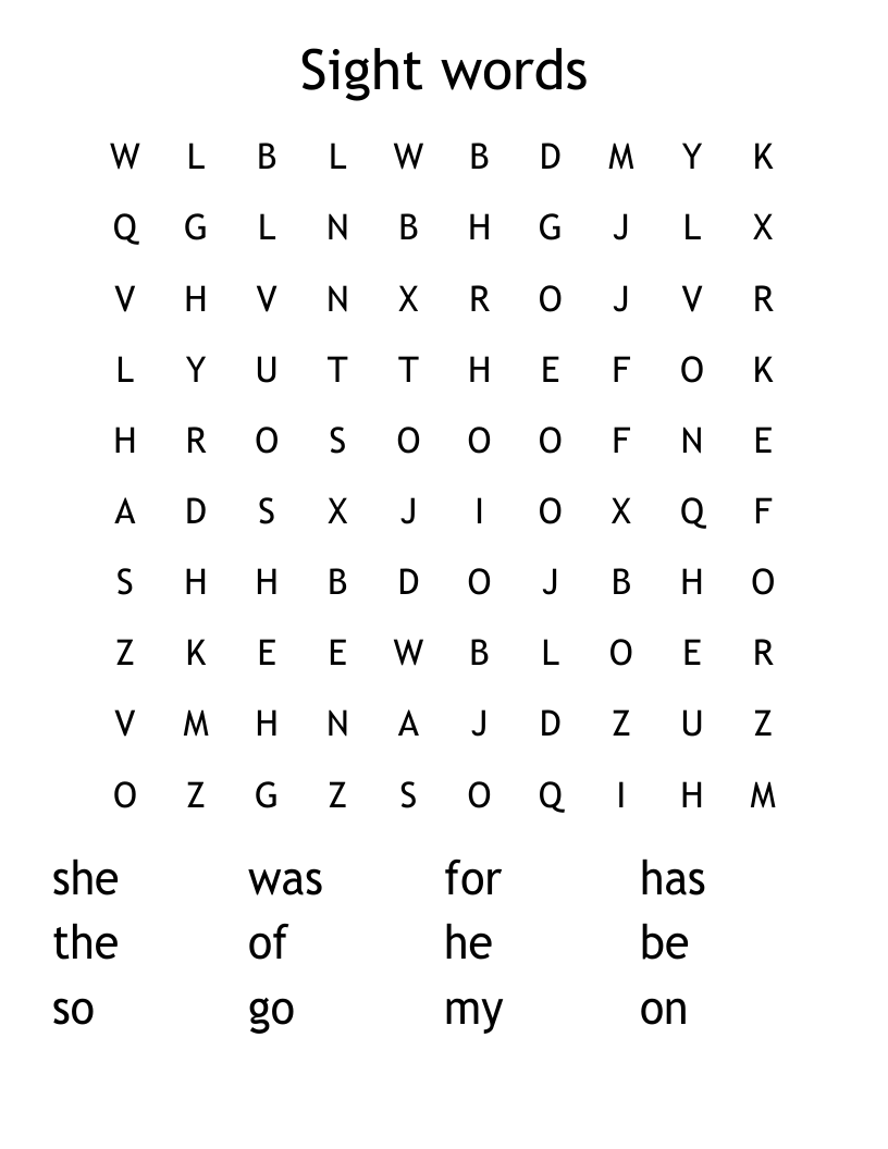 Sight words Word Search