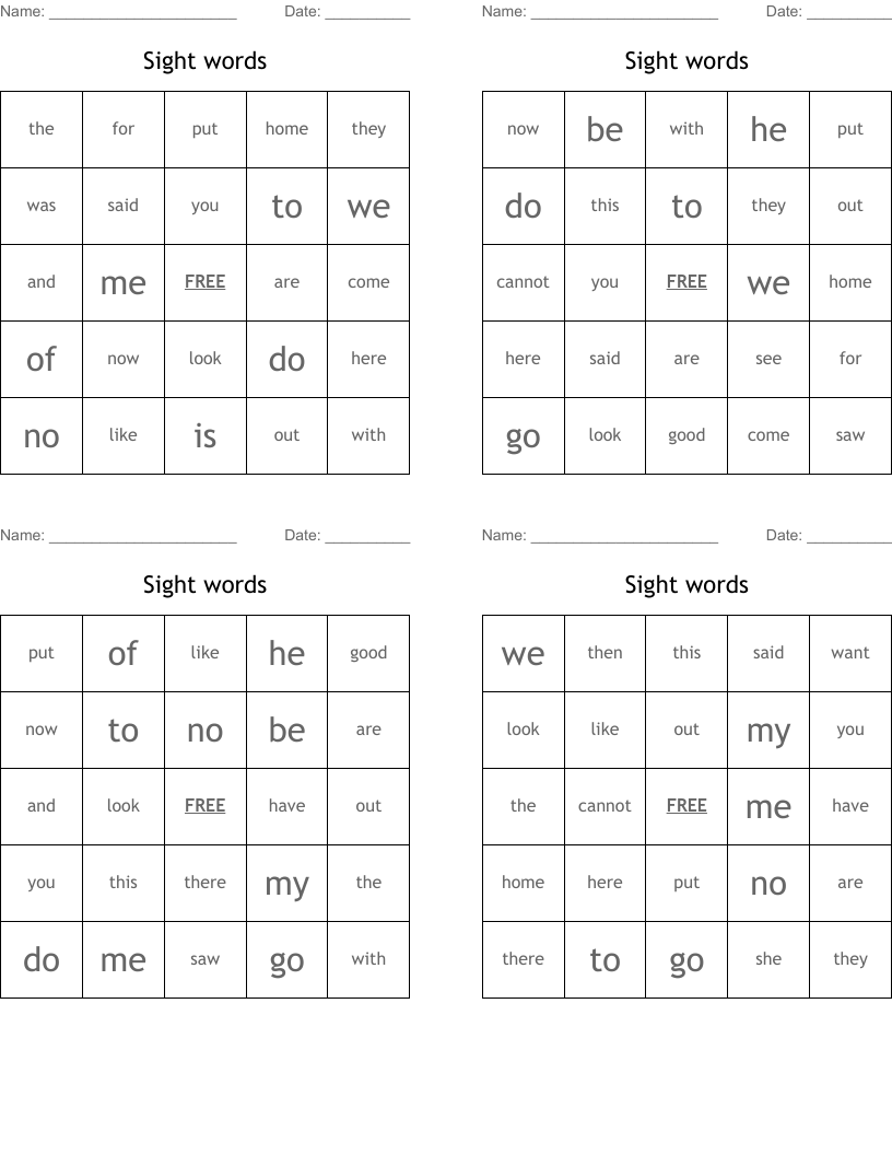 Sight words Bingo Cards