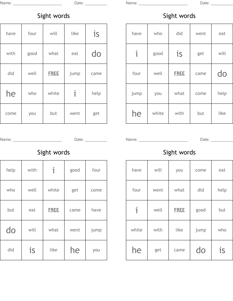 Sight words Bingo Cards