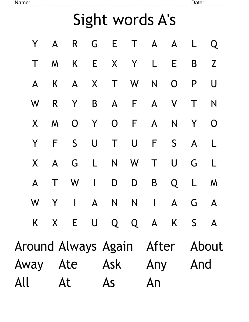 Sight words A's Word Search