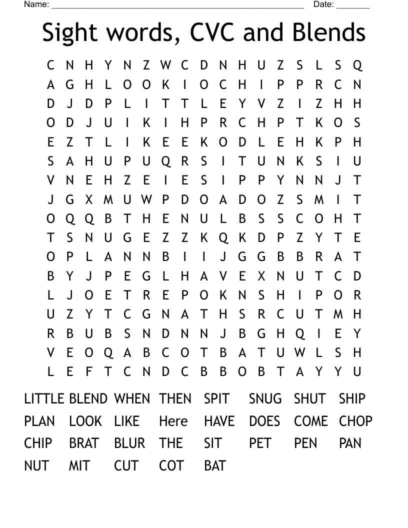 Sight words, CVC and Blends Word Search
