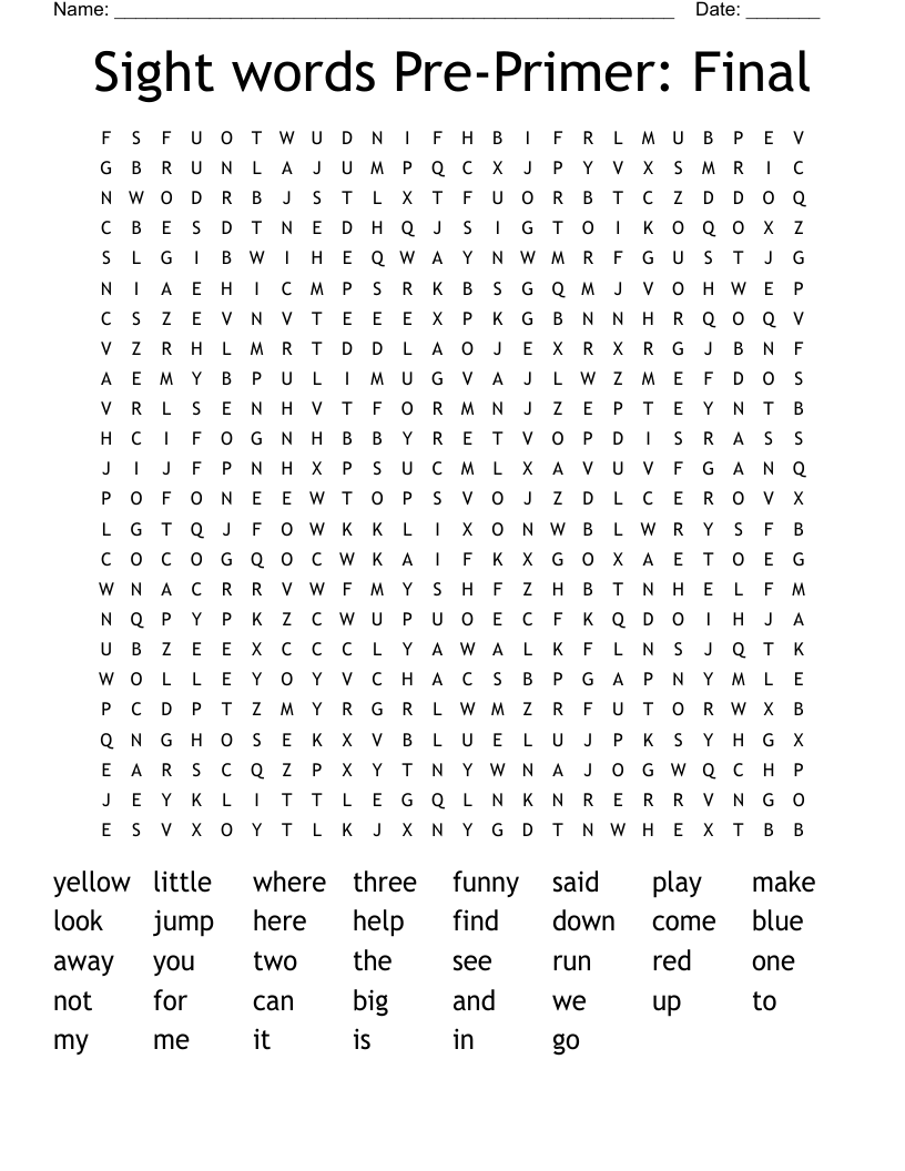 Sight words Pre-Primer: Final Word Search