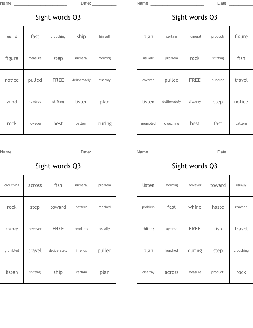 Sight words Q3 Bingo Cards