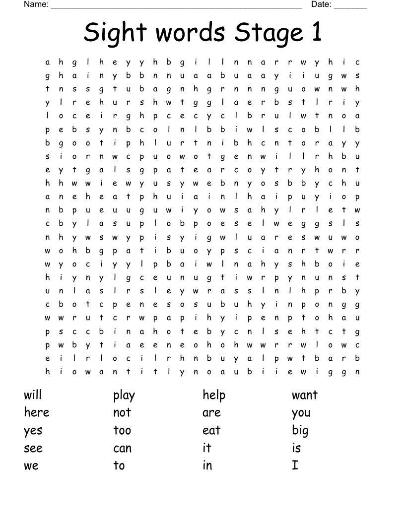 Sight words Stage 1 Word Search