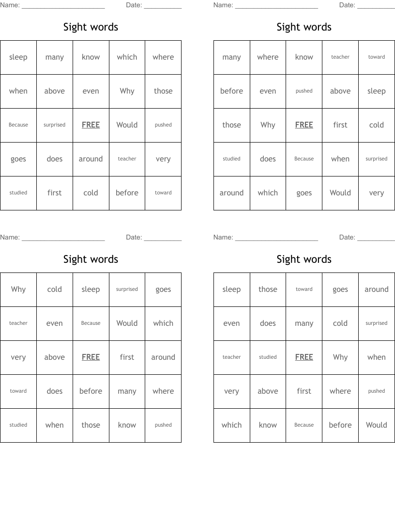 Sight words  Bingo Cards