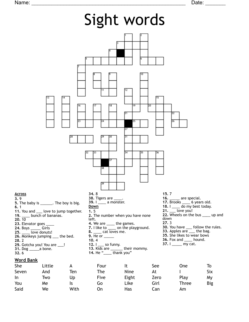 Sight words  Crossword