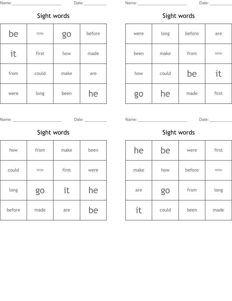Sight words  Bingo Cards