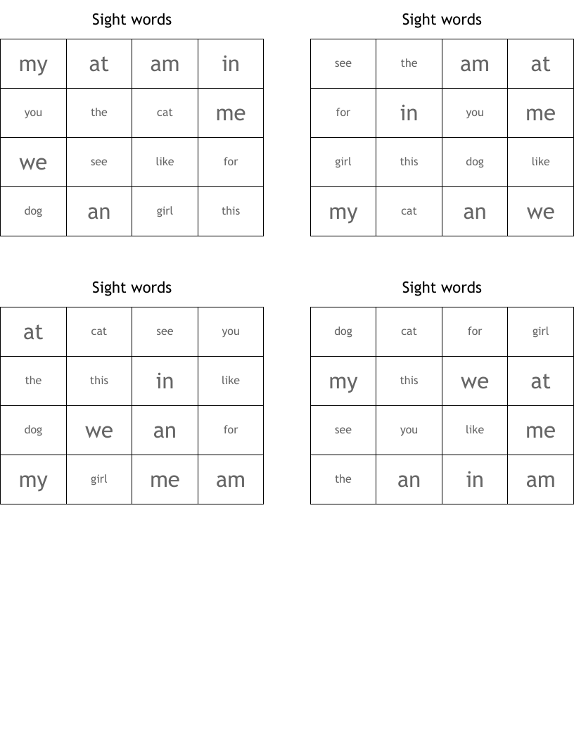 Sight words  Bingo Cards