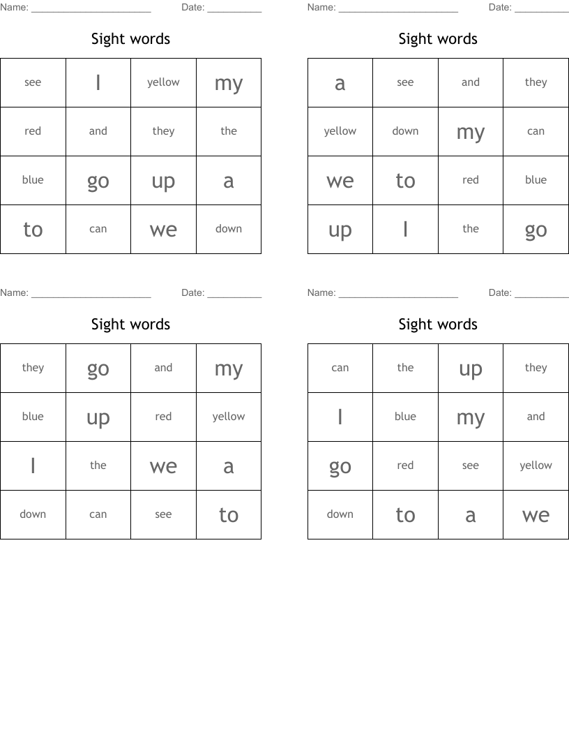 Sight words  Bingo Cards