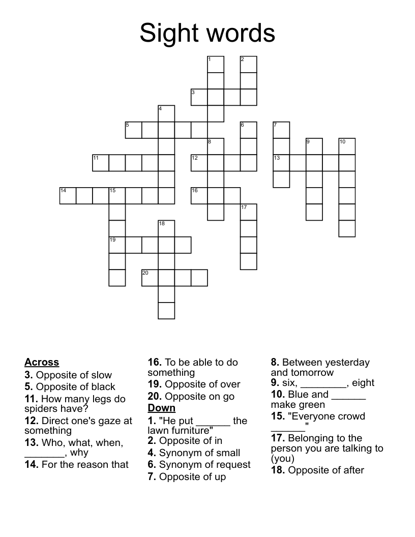 Sight words  Crossword